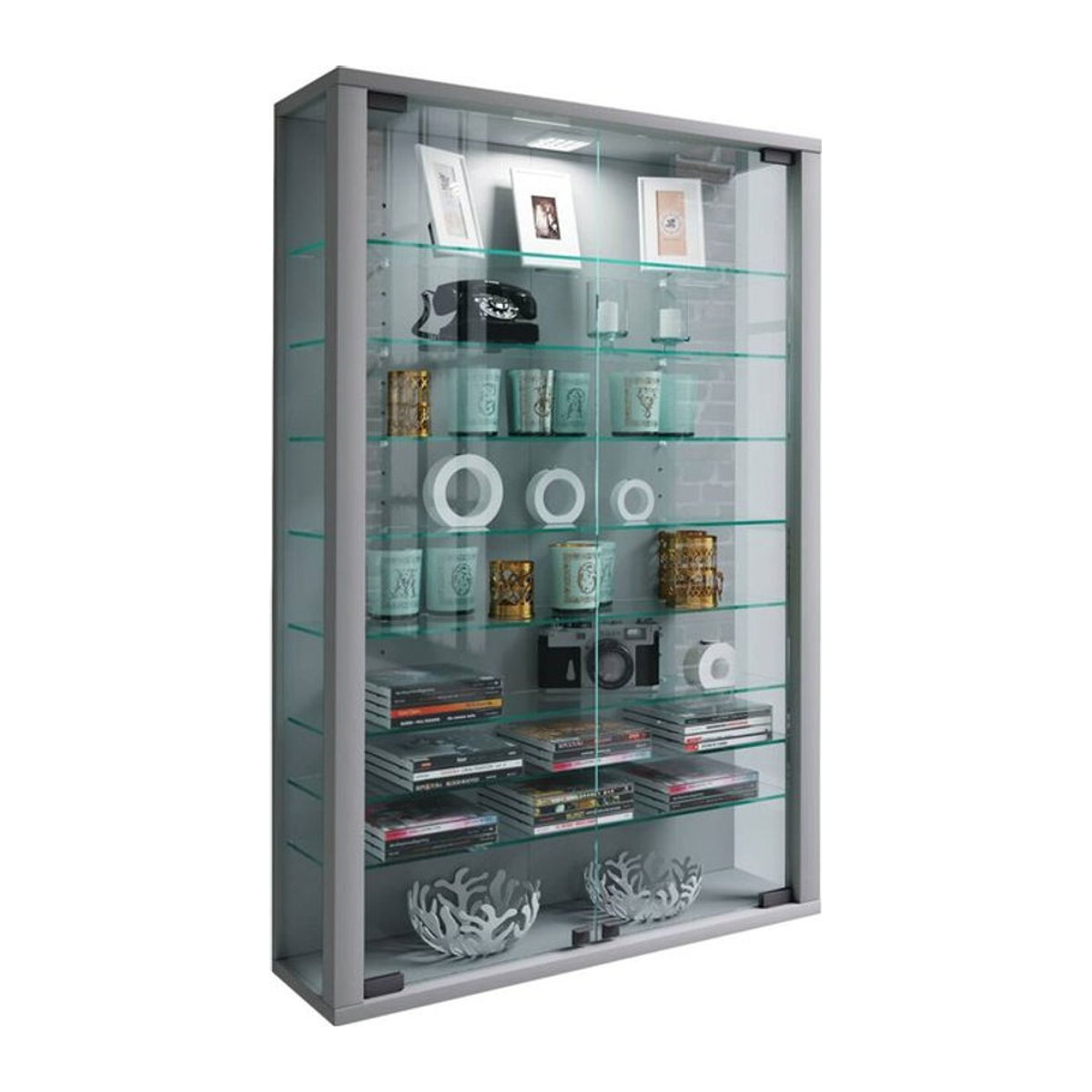Wandvitrine VCM Vitrosa Mini in Silber mit LED-Beleuchtung, 8 Einlegeböden und 2 Drehtüren aus Glas und Holz, B: 59 cm, H: 91 cm, T: 18 cm - Bild 2