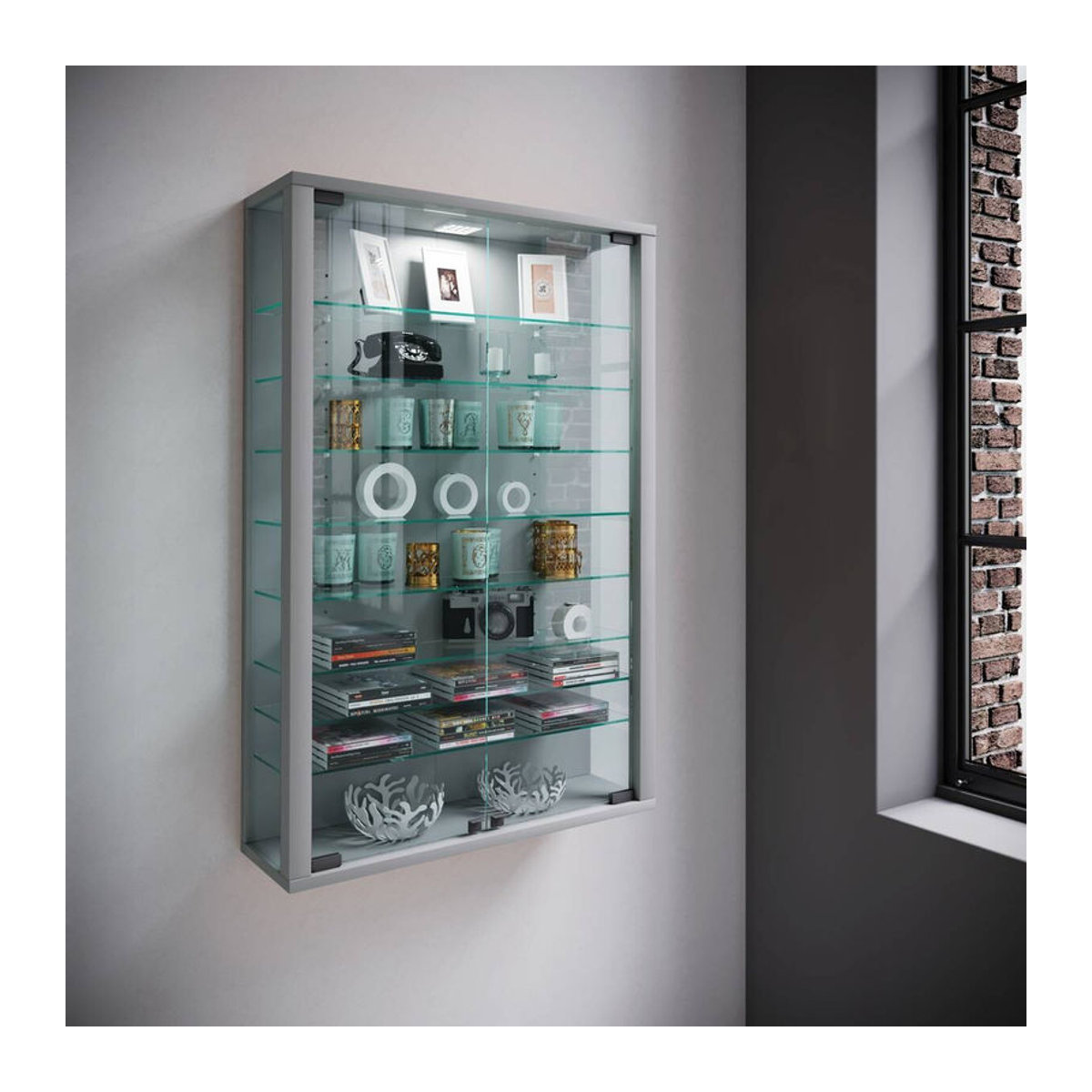 Wandvitrine VCM Vitrosa Mini in Silber mit LED-Beleuchtung, 8 Einlegeböden und 2 Drehtüren aus Glas und Holz, B: 59 cm, H: 91 cm, T: 18 cm - Bild 4