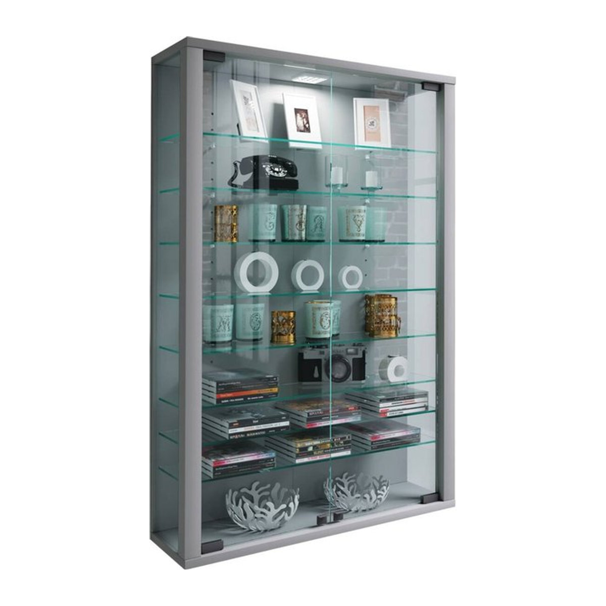 Wandvitrine Vitrosa Mini von VCM Möbel in Silber aus Glas und Holzwerkstoff mit 2 Drehtüren und 8 verstellbaren Einlegeböden, B/H/T: 59 x 91 x 18 cm - Bild 1
