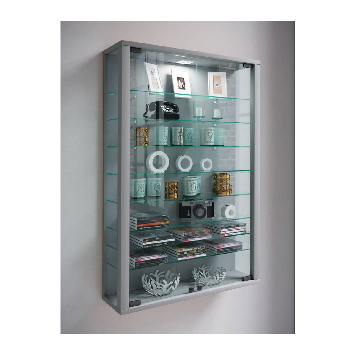 Wandvitrine Vitrosa Mini von VCM Möbel in Silber aus Glas und Holzwerkstoff mit 2 Drehtüren und 8 verstellbaren Einlegeböden, B/H/T: 59 x 91 x 18 cm - Bild 2
