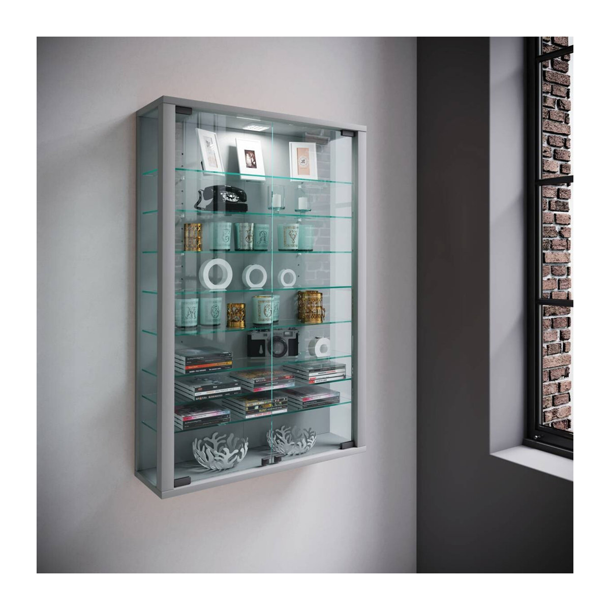 Wandvitrine Vitrosa Mini von VCM Möbel in Silber aus Glas und Holzwerkstoff mit 2 Drehtüren und 8 verstellbaren Einlegeböden, B/H/T: 59 x 91 x 18 cm - Bild 3