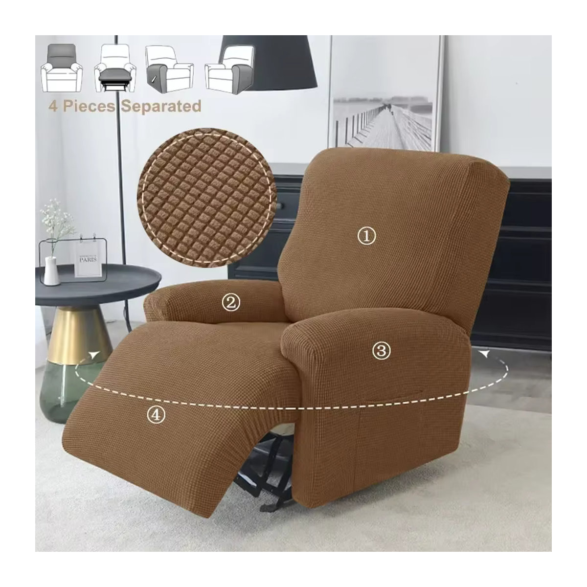 WANERQU 4er-Set Split Liege Abdeckung aus Polarfleece als Schonbezug für Sofa und Sessel in Beige und Braun - Bild 4