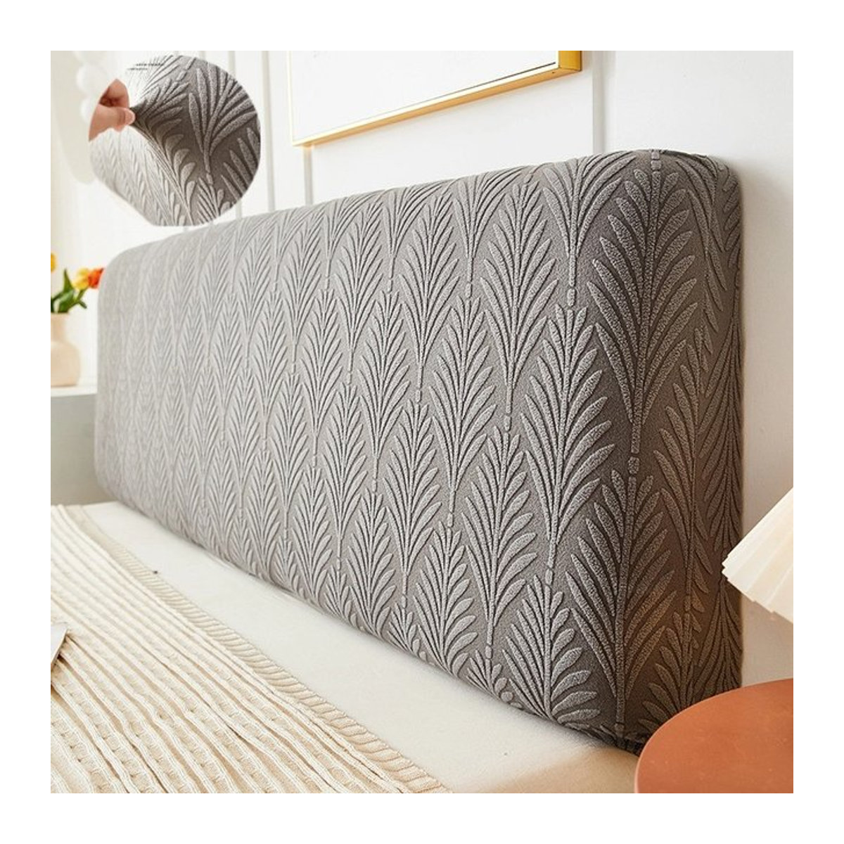 WANERQU Jacquard Bettkopfteil Abdeckung in Grau, elastische und staubdichte Kopfteil-Schutzhülle für dein Schlafzimmer - Bild 1