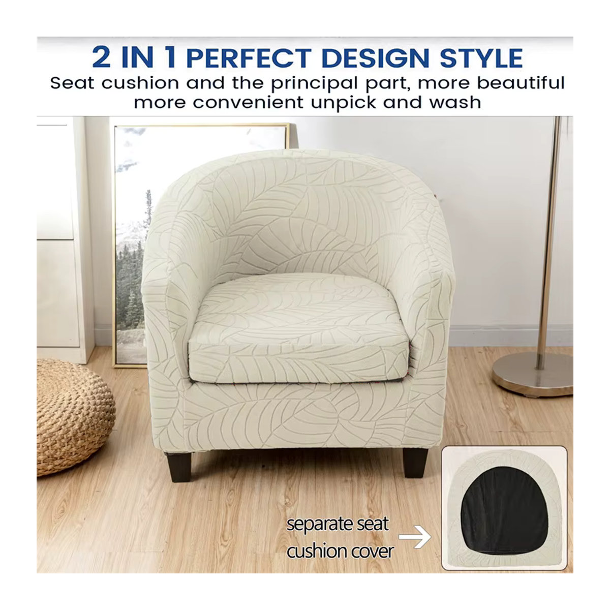 WANERQU Sesselbezüge mit Sitzkissenbezug in Beige, Jacquard Blätter-Design als Schonbezug für Barstühle und Einzelsofas - Bild 3