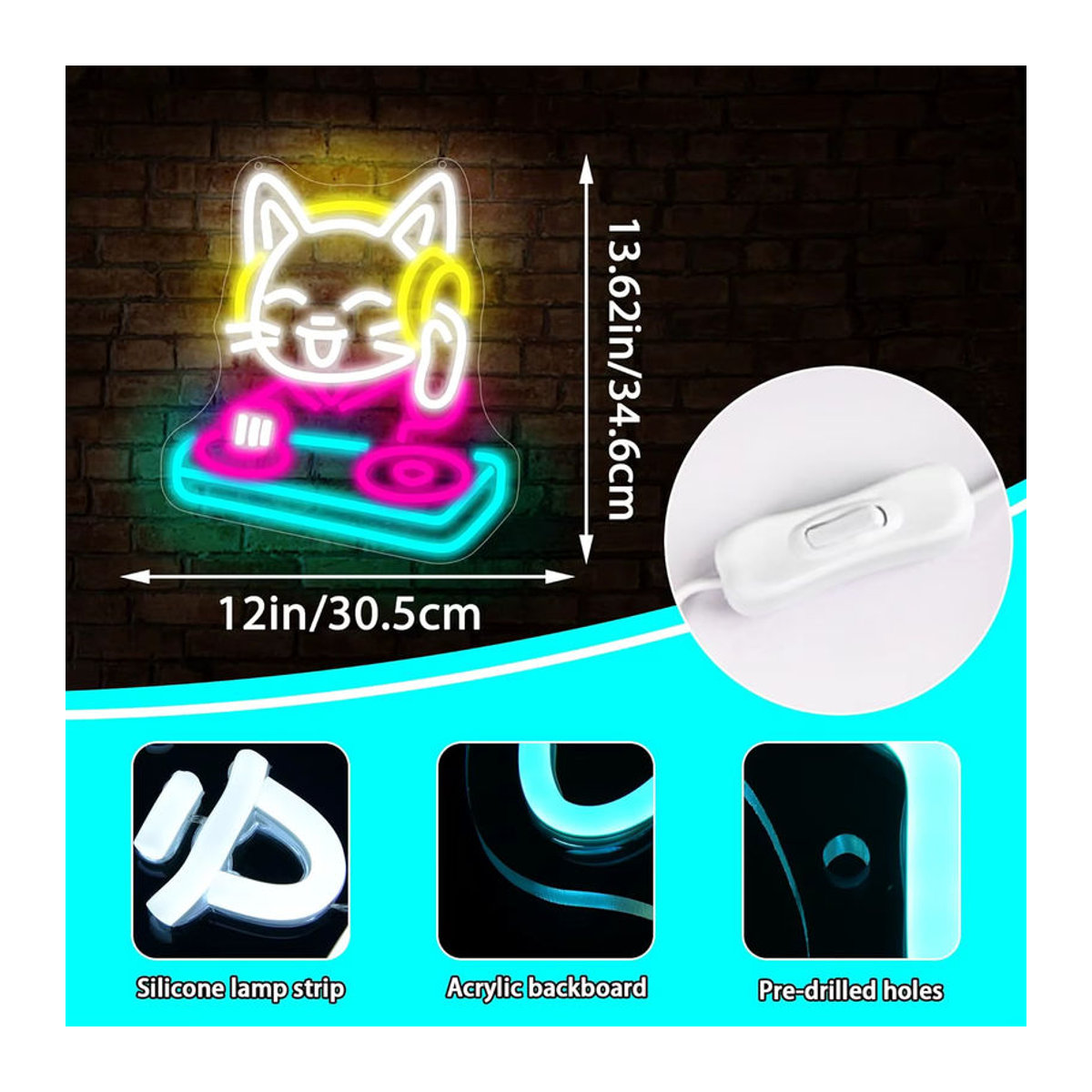 Wanxing DJ Katze Neon Schild dimmbares LED Wandlicht aus Acryl in Bunt - Bild 3