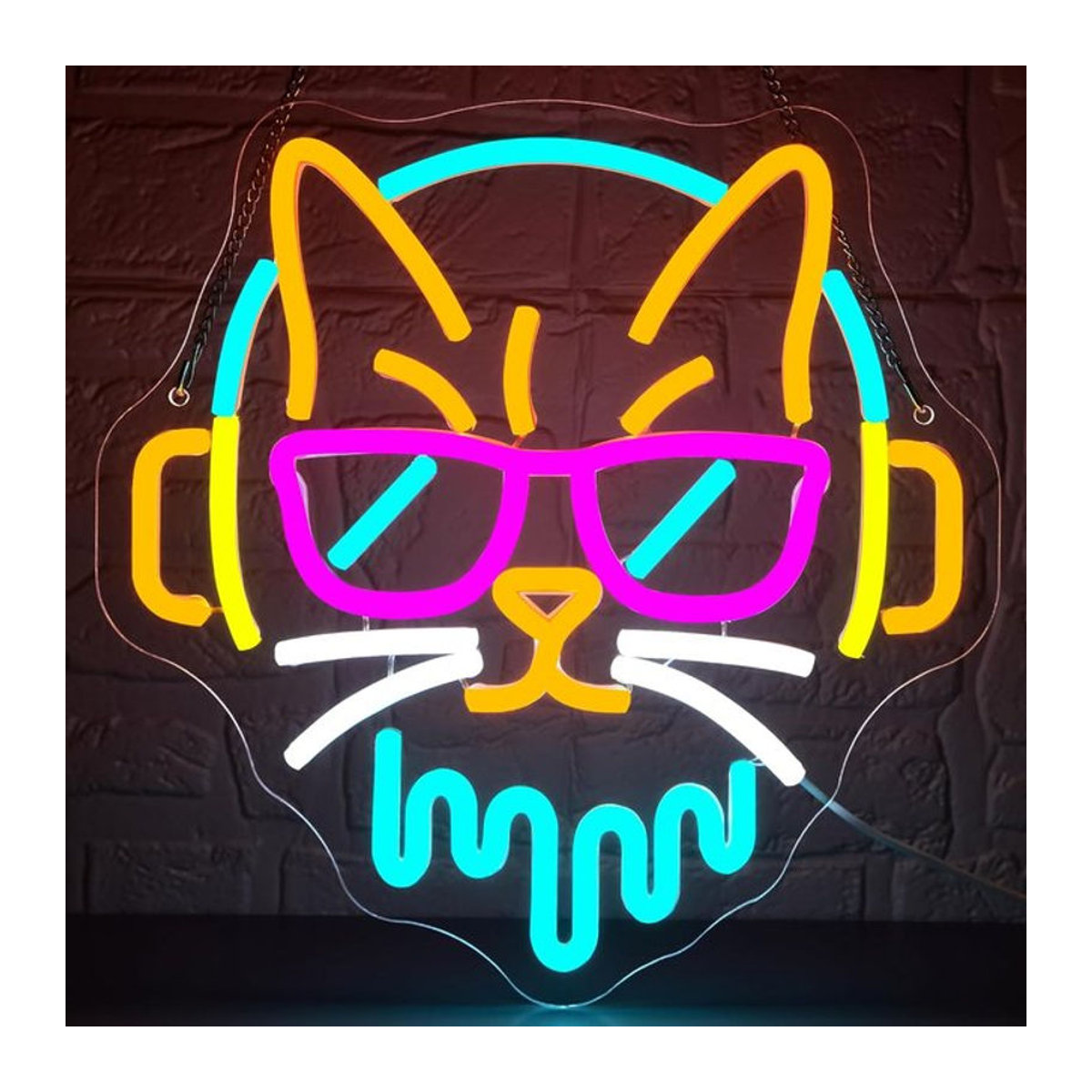 Wanxing DJ-Katze Neonschild aus Acryl, buntes LED-Leuchtschild für Musikzimmer und Studio, USB-betrieben - Bild 1