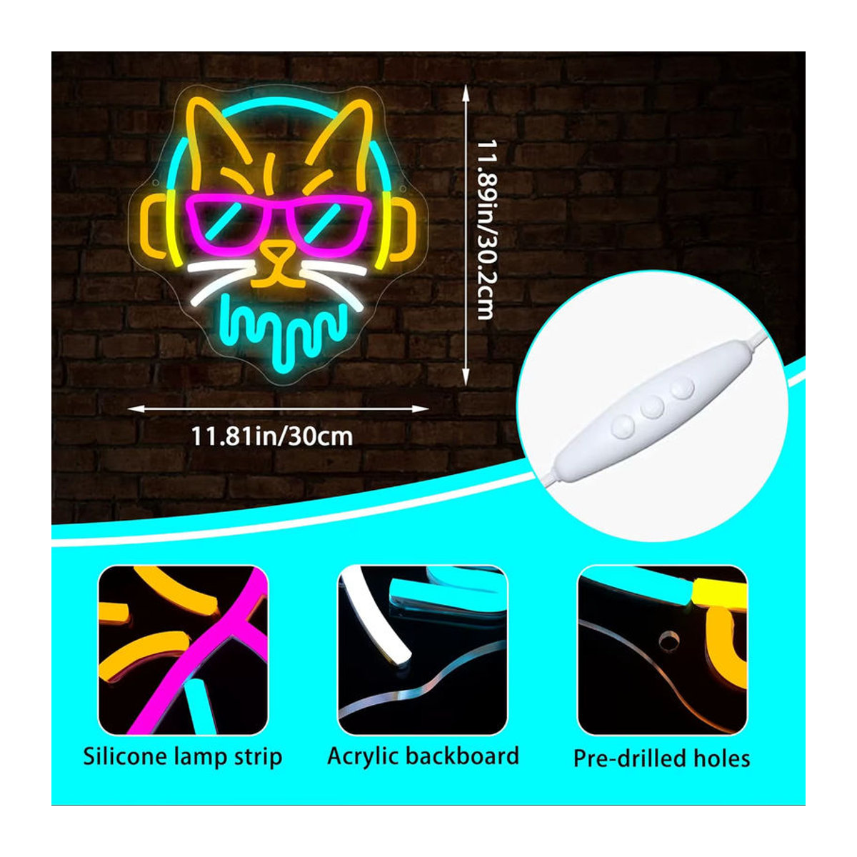 Wanxing DJ-Katze Neonschild aus Acryl, buntes LED-Leuchtschild für Musikzimmer und Studio, USB-betrieben - Bild 3