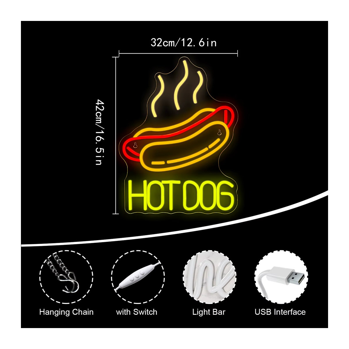 Wanxing Hot Dog Neon LED Zeichen Dimmbare Wandlampe in Bunt im Retro-Design für Fast Food Shop, Bar und Küche - Bild 4