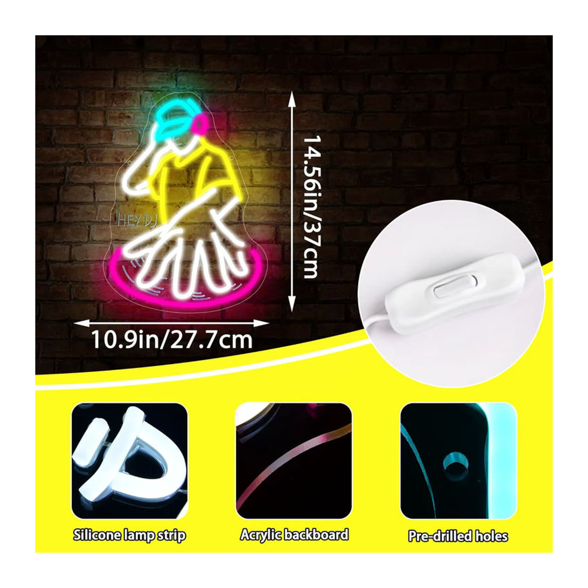 Wanxing LED DJ-Player Leuchtschild aus Acryl in Bunt für Wanddekoration - Bild 3