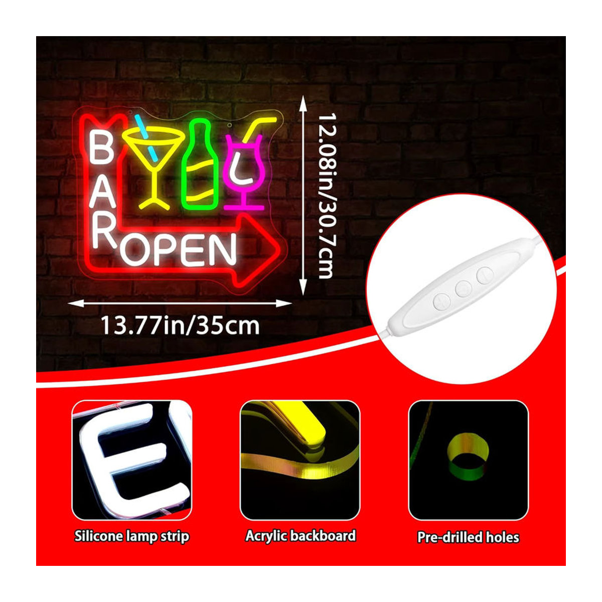 Wanxing LED Neon Schild Bar Open mit Pfeil in Bunt als Retro Wanddekoration aus Acryl - Bild 3