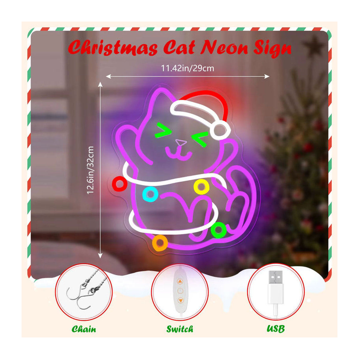 Wanxing LED Neon Schild Katze Weihnachten Dimmbare Acryl Wandkunst Bunt - Bild 2