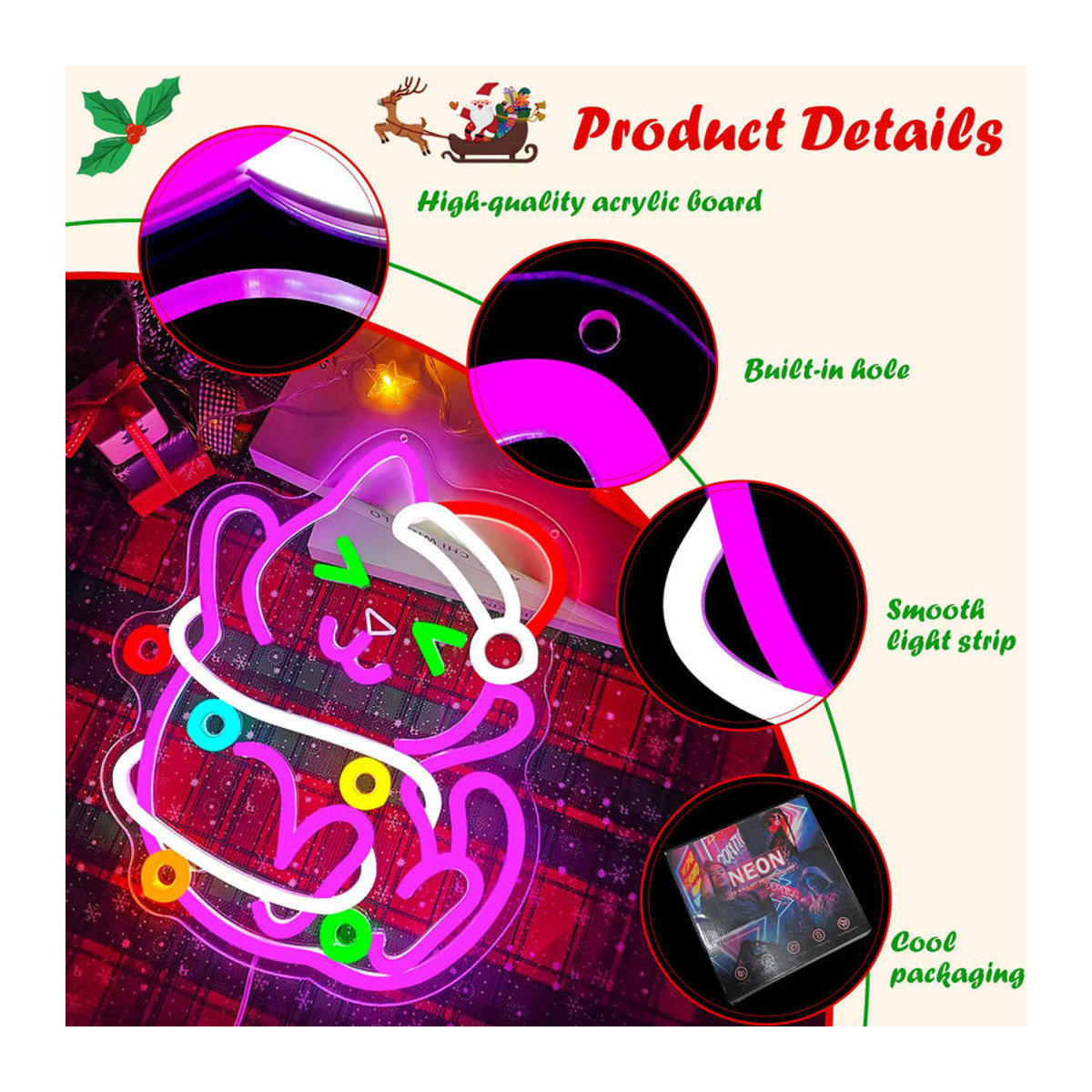 Wanxing LED Neon Schild Katze Weihnachten Dimmbare Acryl Wandkunst Bunt - Bild 4