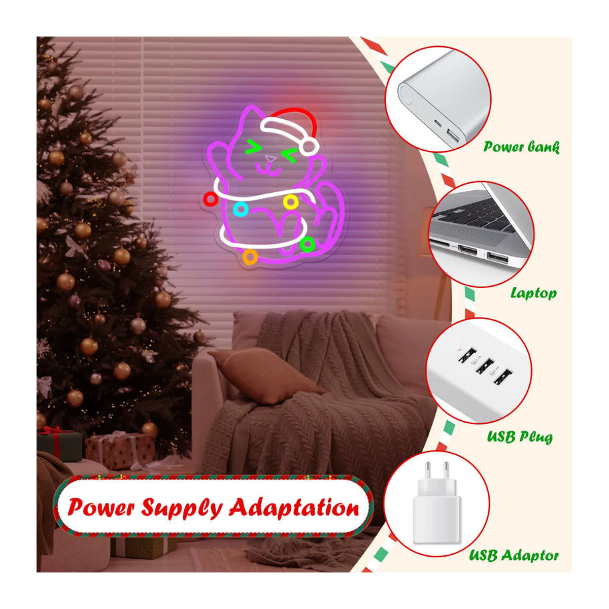Wanxing LED Neon Schild Katze Weihnachten Dimmbare Acryl Wandkunst Bunt - Bild 6