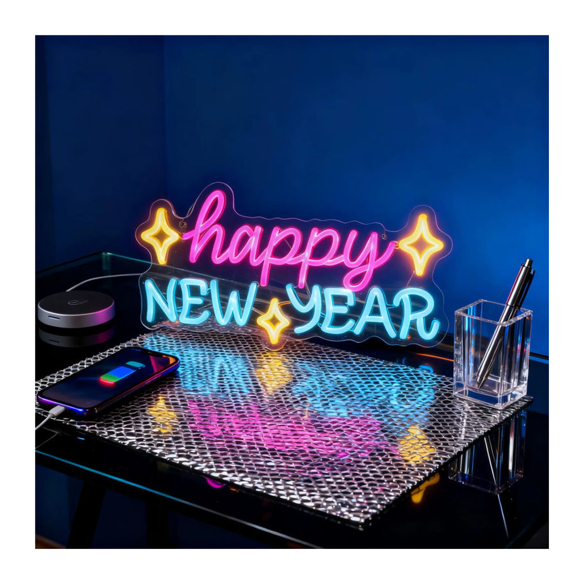 Wanxing LED Neonschild Frohes Neues Jahr Bunt USB-betrieben als Silvester Wanddekoration für Party und Bar - Bild 3