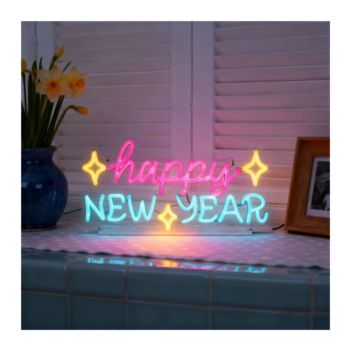 Wanxing LED Neonschild Frohes Neues Jahr Bunt USB-betrieben als Silvester Wanddekoration für Party und Bar - Bild 4