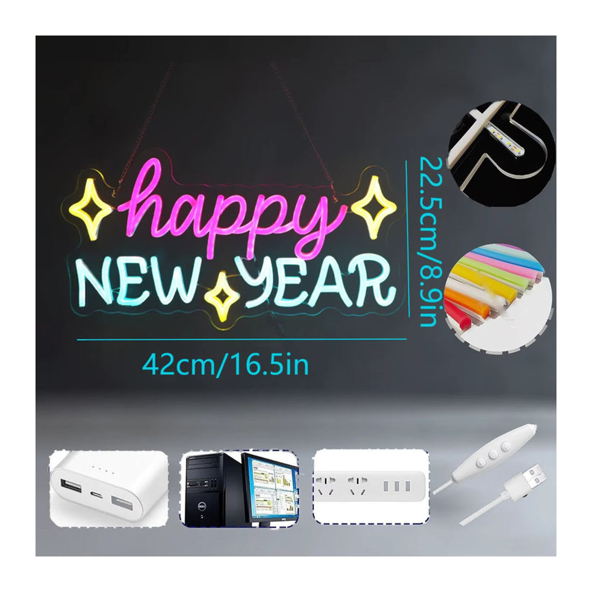 Wanxing LED Neonschild Frohes Neues Jahr Bunt USB-betrieben als Silvester Wanddekoration für Party und Bar - Bild 5
