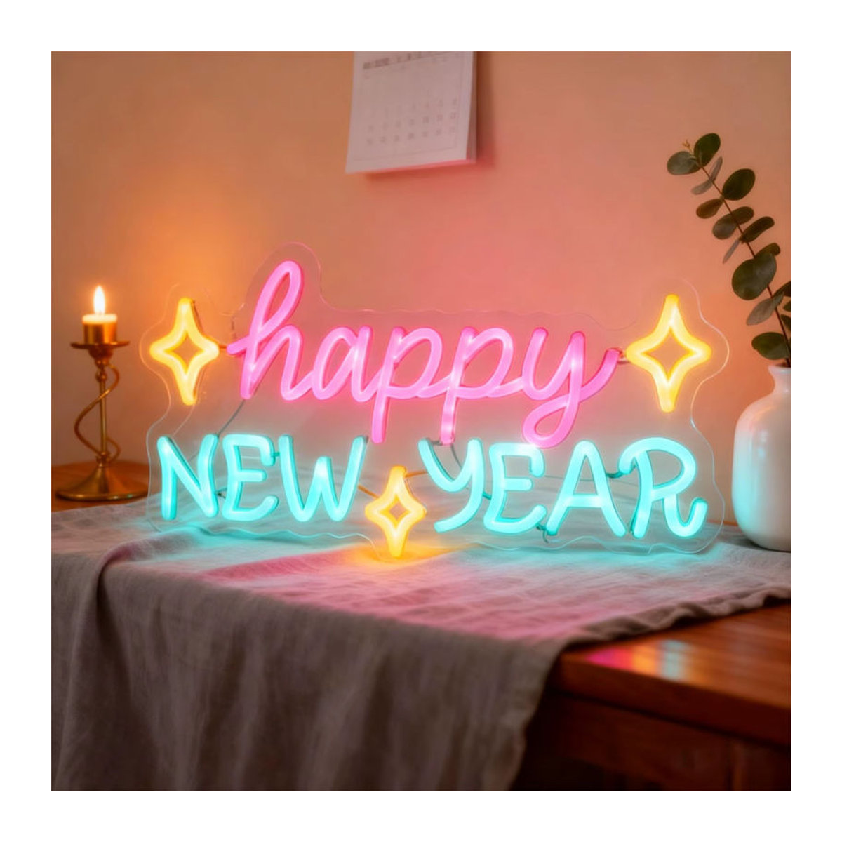 Wanxing LED Neonschild Frohes Neues Jahr Bunt USB-betrieben als Silvester Wanddekoration für Party und Bar - Bild 6