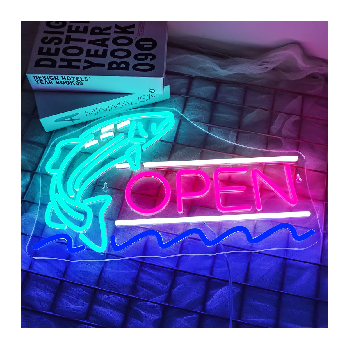 Wanxing Neon LED Schild Fisch Öffnen Bunt Moderne Wandlampe für Meeresfrüchte-Restaurants und Hotels via USB - Bild 2