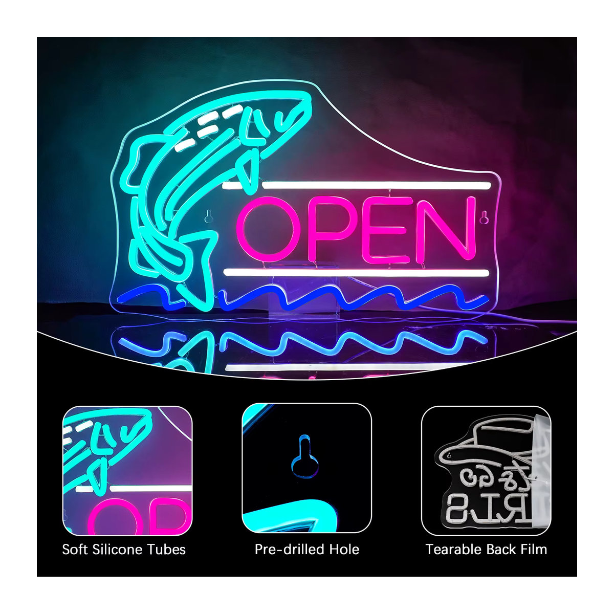 Wanxing Neon LED Schild Fisch Öffnen Bunt Moderne Wandlampe für Meeresfrüchte-Restaurants und Hotels via USB - Bild 3
