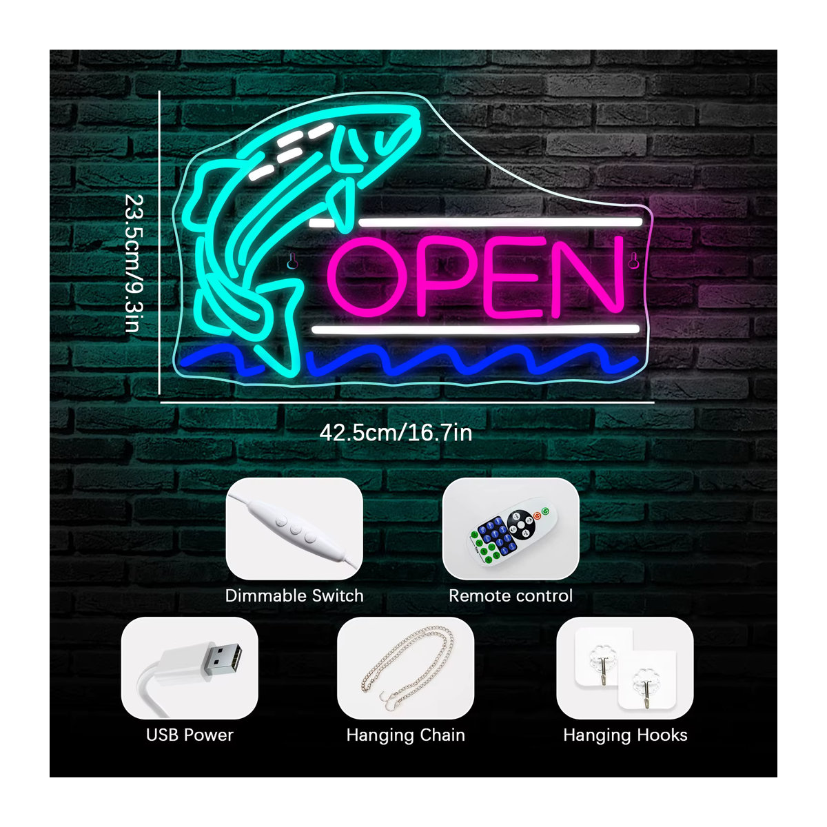 Wanxing Neon LED Schild Fisch Öffnen Bunt Moderne Wandlampe für Meeresfrüchte-Restaurants und Hotels via USB - Bild 4