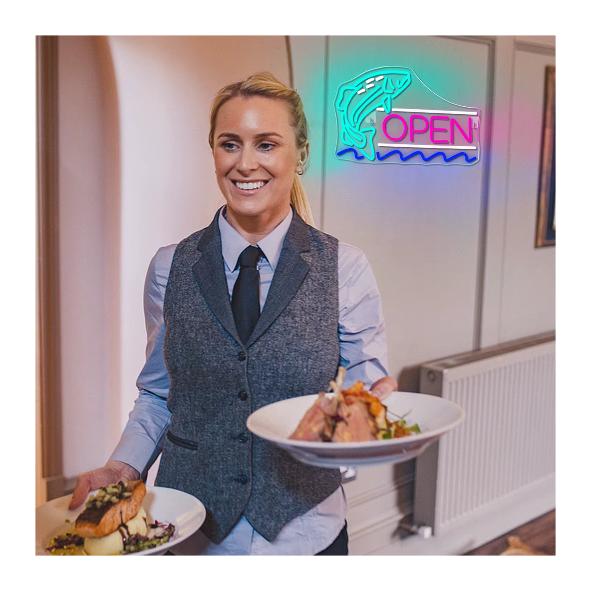Wanxing Neon LED Schild Fisch Öffnen Bunt Moderne Wandlampe für Meeresfrüchte-Restaurants und Hotels via USB - Bild 6