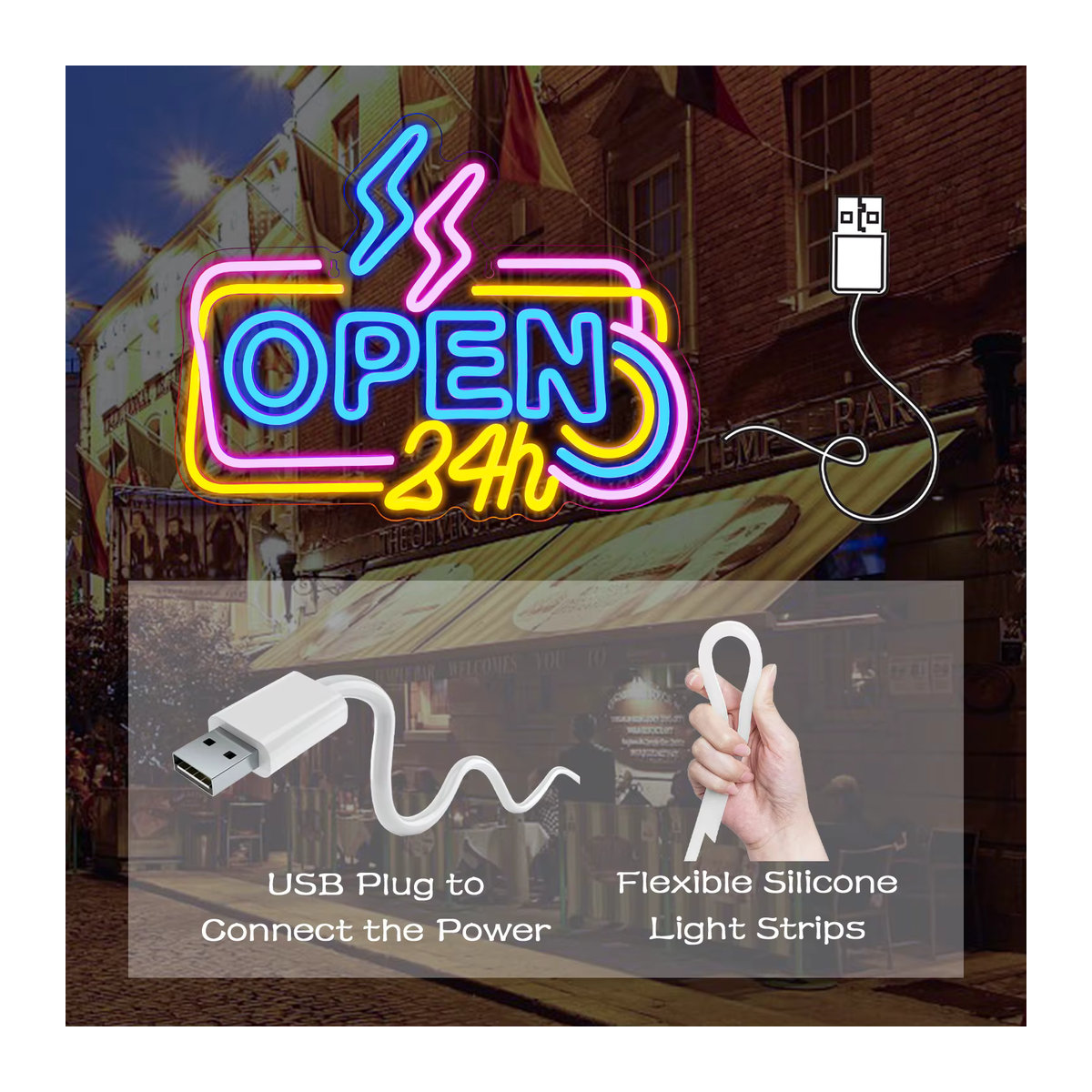 Wanxing Neon-LED-Schild Open 24 Stunden in Bunt, dimmbares Retro-Neonlicht mit USB-Betrieb zur Wandmontage für Bar, Café und Geschäft - Bild 4