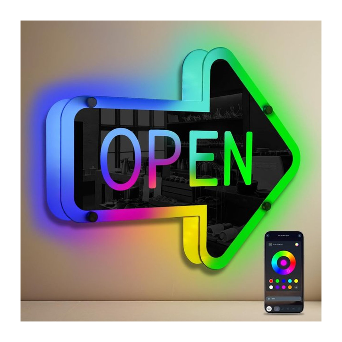 Wanxing RGB Open Neon Schild Pfeil Wanddekoration aus Acryl in Bunt mit LED-Leuchten - Bild 1