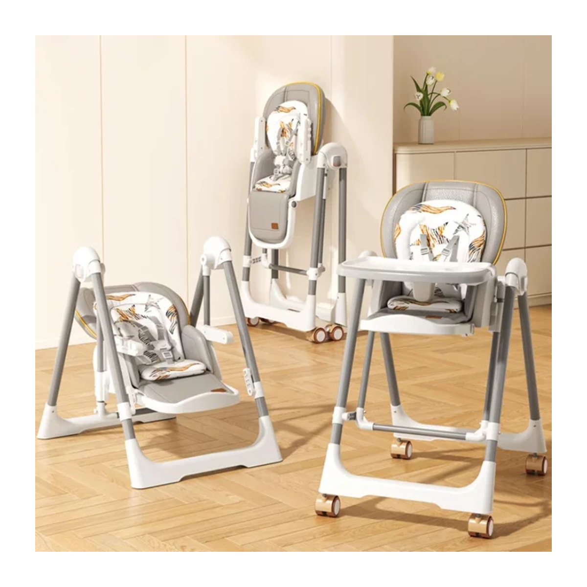 Warm house 2-in-1 Hochstuhl für Babys und Kinder als tragbarer Esszimmerstuhl und Schaukelstuhl in Grau und Weiß - Bild 1