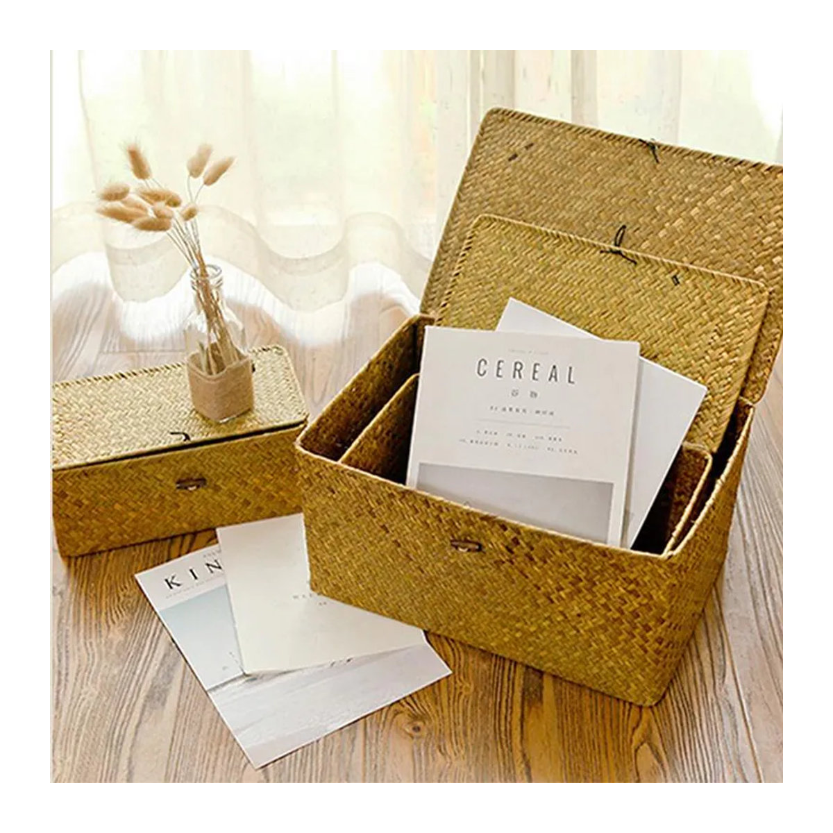 Warm Magpie Home Aufbewahrungskorb aus Seegras und Rattan mit Deckel, rechteckiger Organizer in Gelb und Braun, B/T/H: 23 x 13 x 8 cm - Bild 11