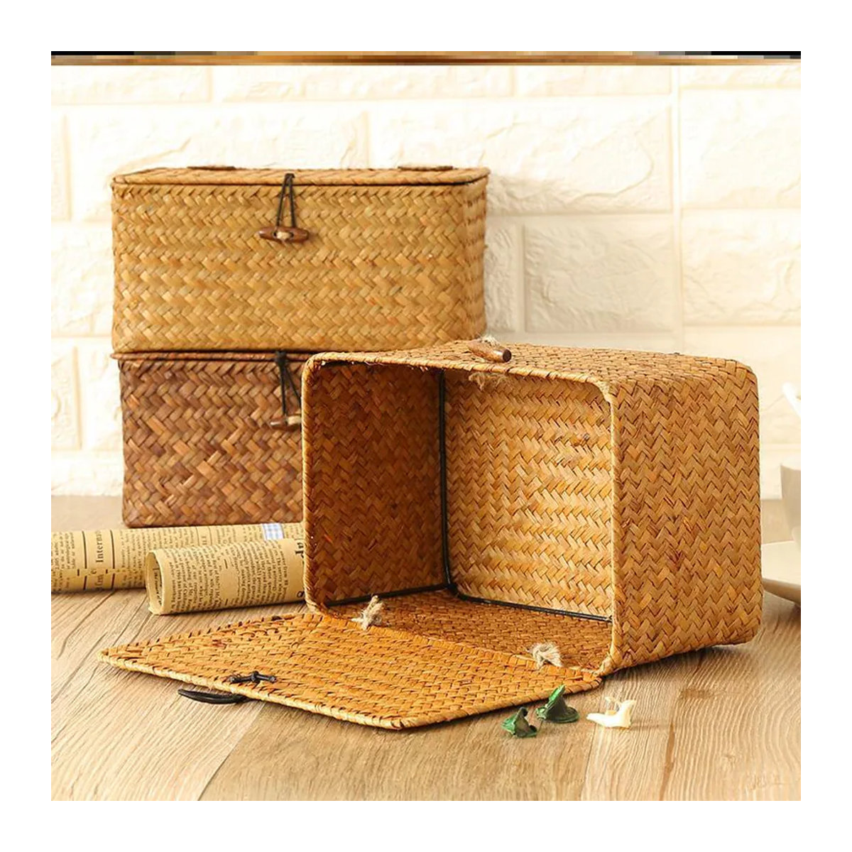 Warm Magpie Home Aufbewahrungskorb aus Seegras und Rattan mit Deckel, rechteckiger Organizer in Gelb und Braun, B/T/H: 23 x 13 x 8 cm - Bild 4