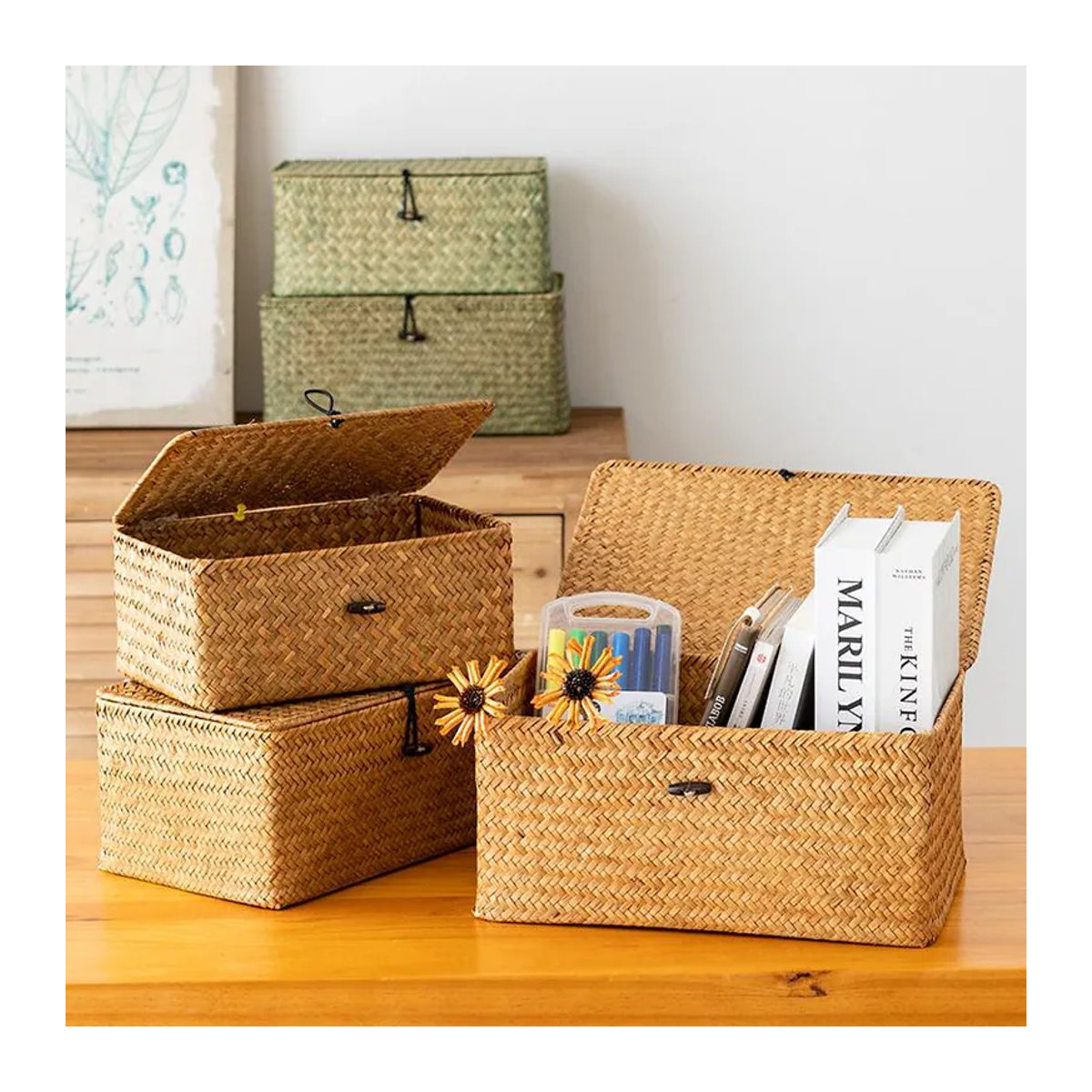 Warm Magpie Home Aufbewahrungskorb aus Seegras und Rattan mit Deckel, rechteckiger Organizer in Gelb und Braun, B/T/H: 23 x 13 x 8 cm - Bild 5