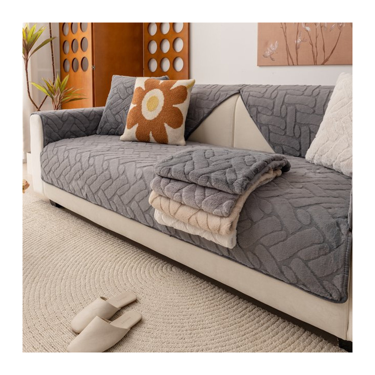 Warme Sofa Abdeckung aus Kunstkaninchenfell als dekorativer Schonbezug für dein Wohnzimmer in Beige oder Grau - Bild 1