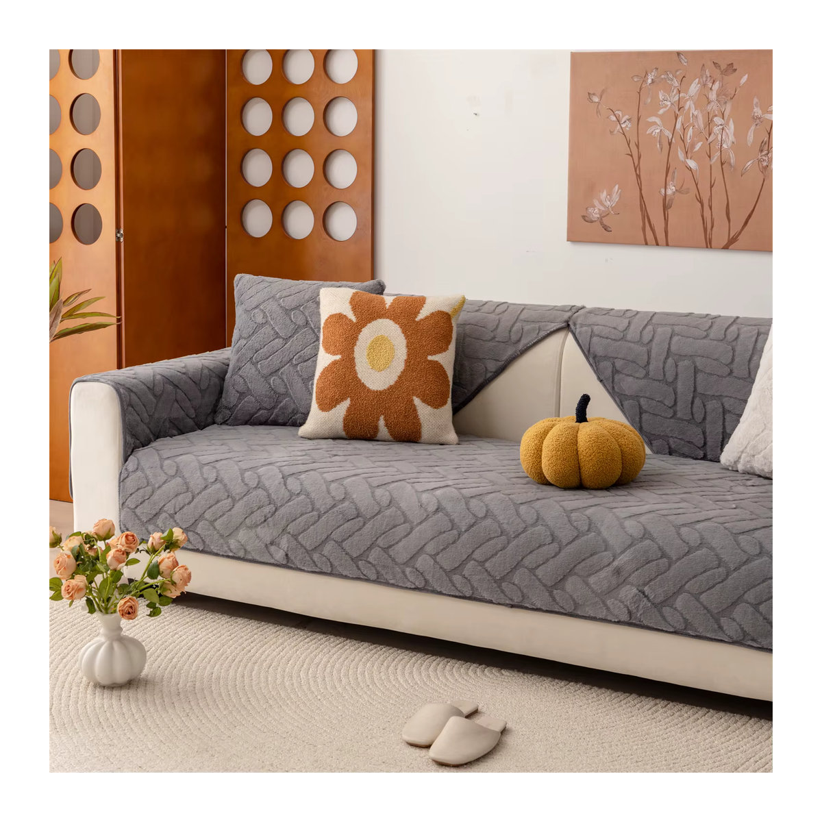 Warme Sofa Abdeckung aus Kunstkaninchenfell als dekorativer Schonbezug für dein Wohnzimmer in Beige oder Grau - Bild 5