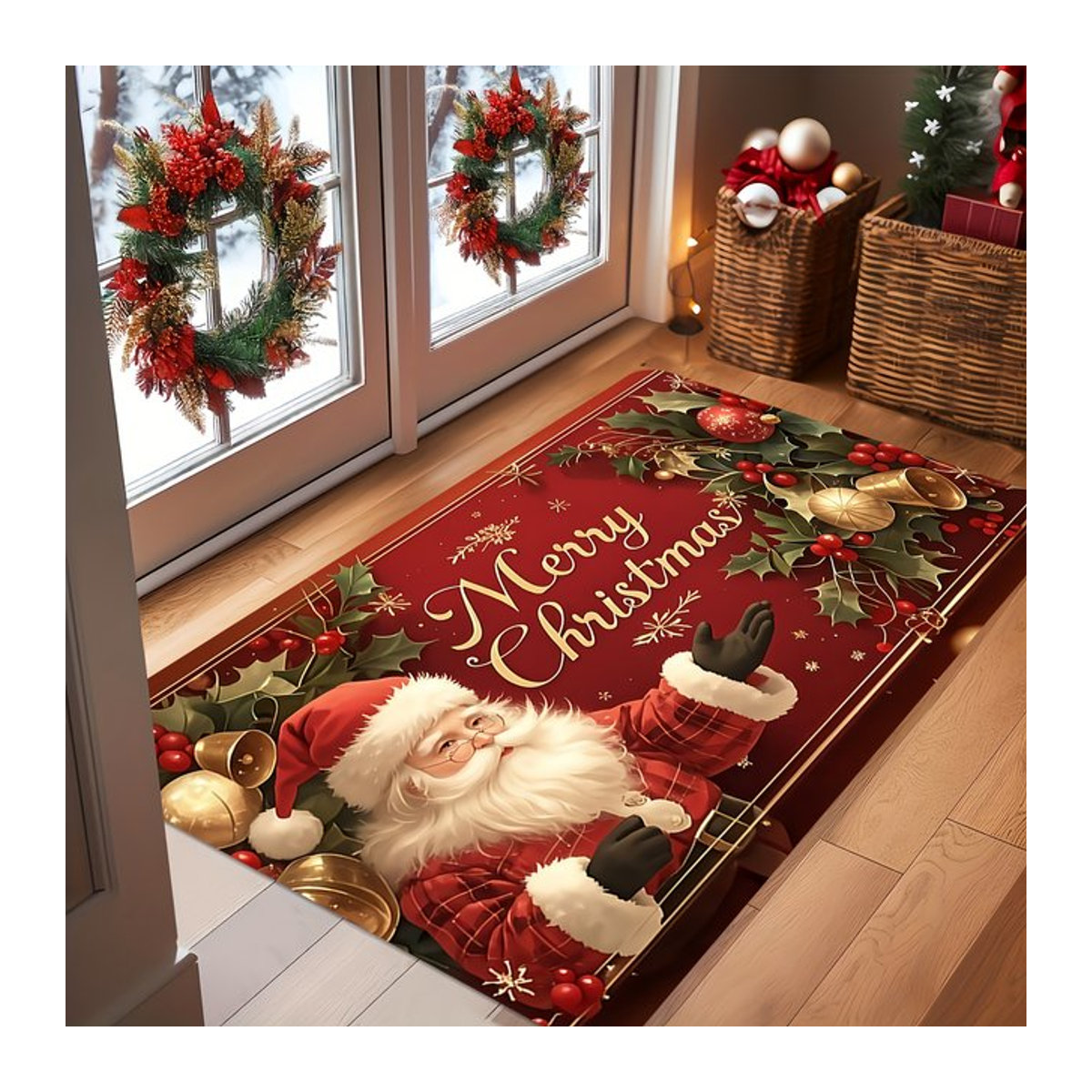 Waschbare Weihnachtstürmatte mit Santa Claus Motiv in Rot für Dekoration in Küche, Badezimmer oder Schlafzimmer - Bild 1