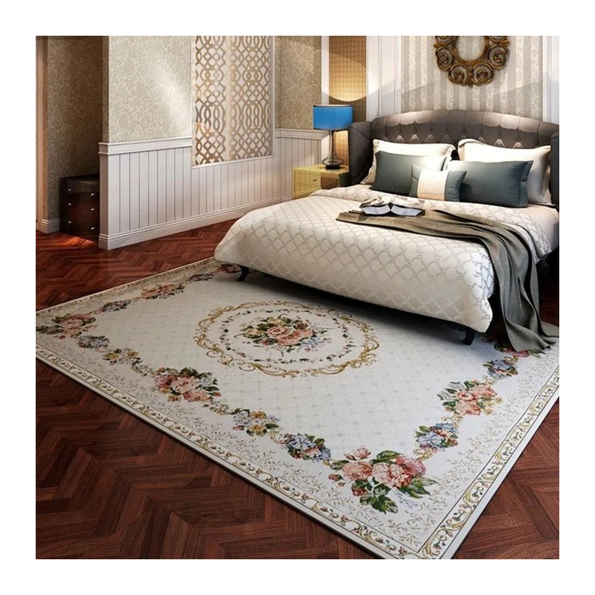 Waschbarer Retro Teppich mit floralem Print in Weiß für Schlafzimmer und Wohnzimmer - Bild 1