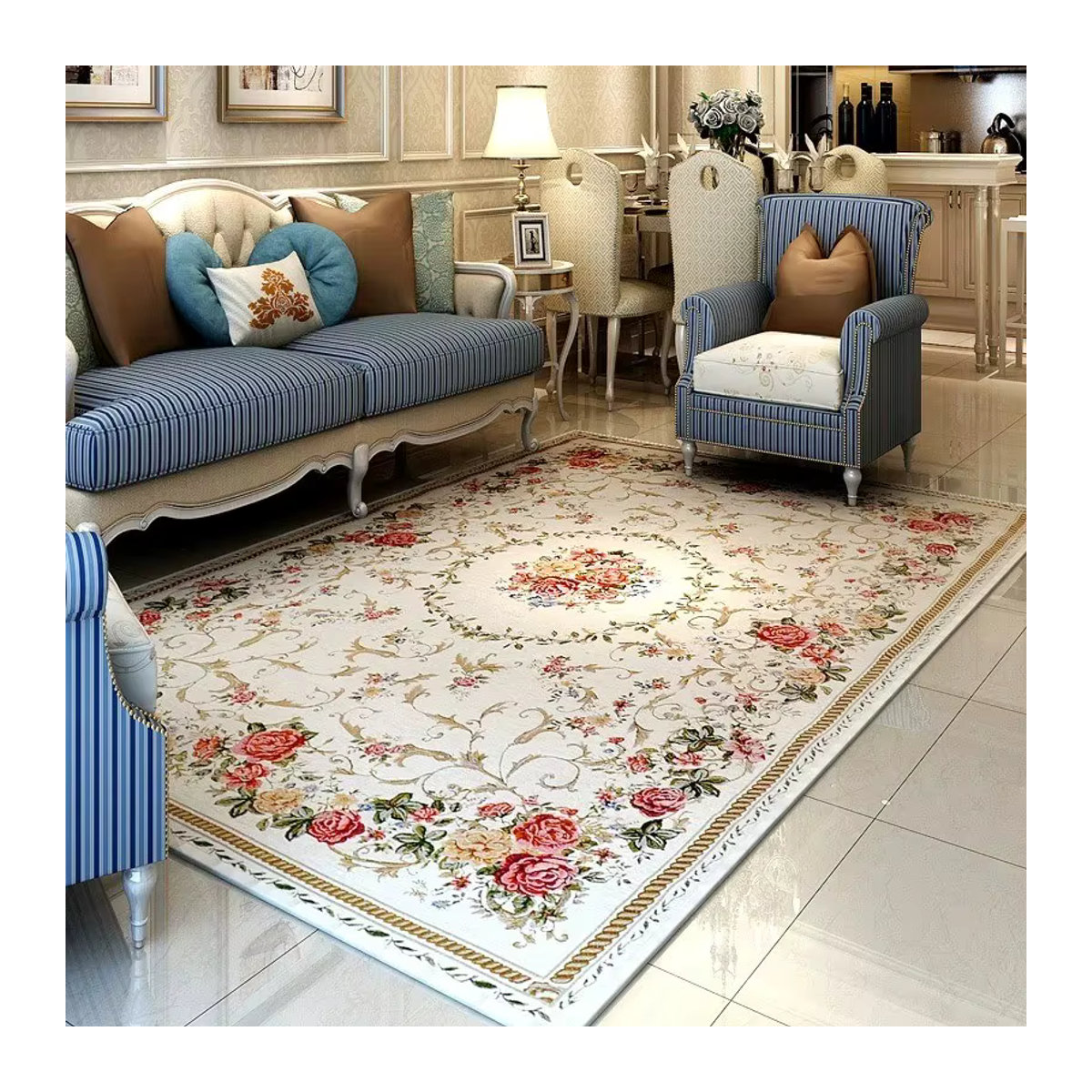 Waschbarer Retro Teppich mit floralem Print in Weiß für Schlafzimmer und Wohnzimmer - Bild 2
