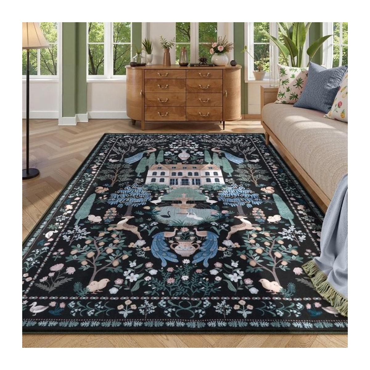 Waschbarer Teppich im französischen Retro-Stil für Wohnzimmer und Schlafzimmer, rutschfest, Schwarz - Bild 1