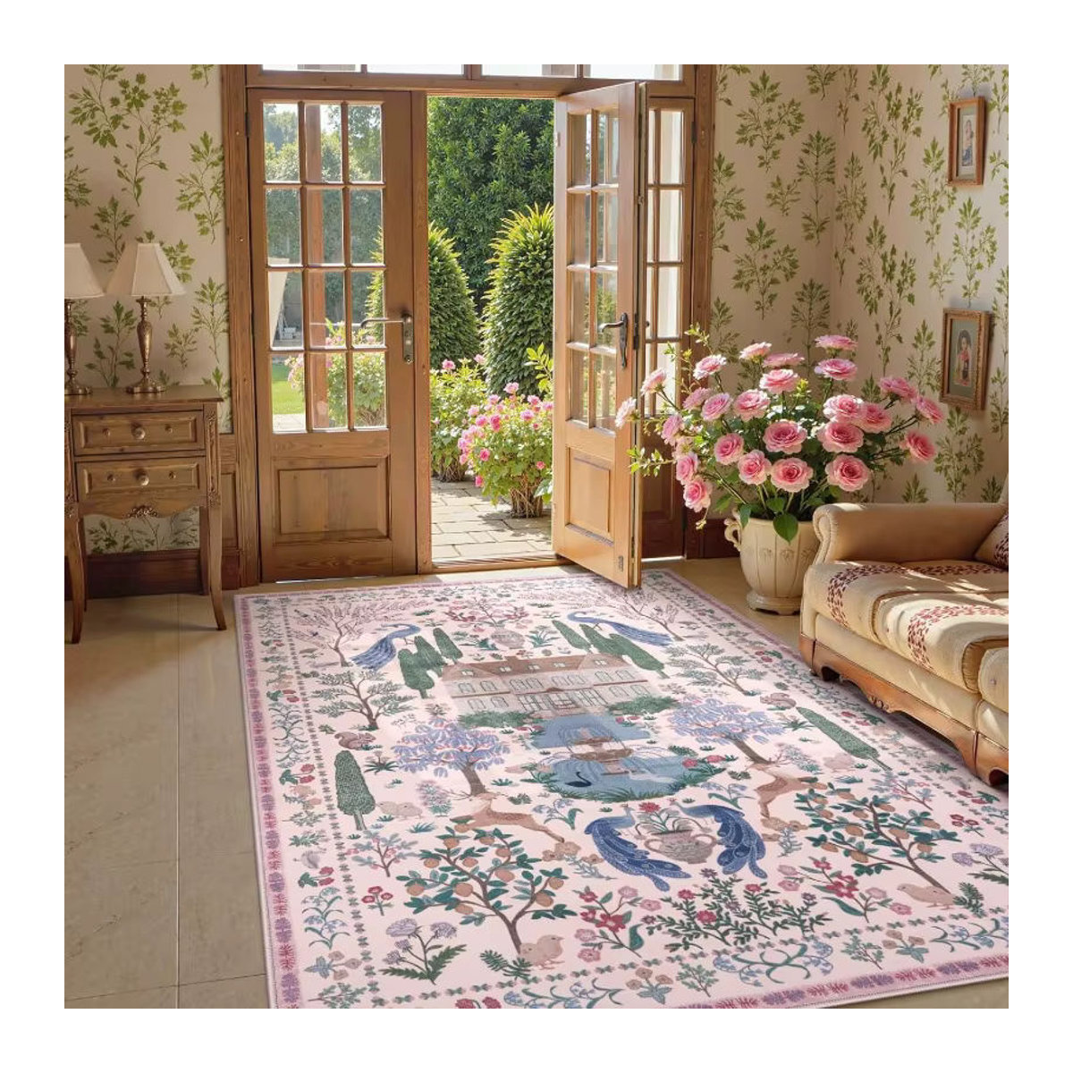 Waschbarer Teppich im französischen Retro-Stil für Wohnzimmer und Schlafzimmer, rutschfest, Schwarz - Bild 2