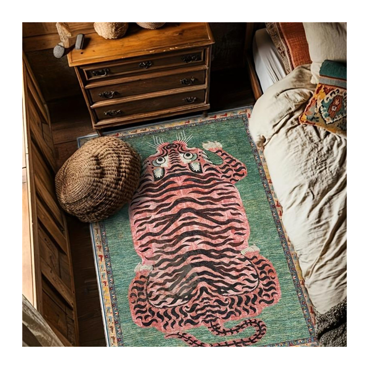 Waschbarer Teppichboden mit Tibetischem Tiger Motiv in Ethnischem Persischem Design, Mehrfarbig, B/T: 120 x 160 cm - Bild 2