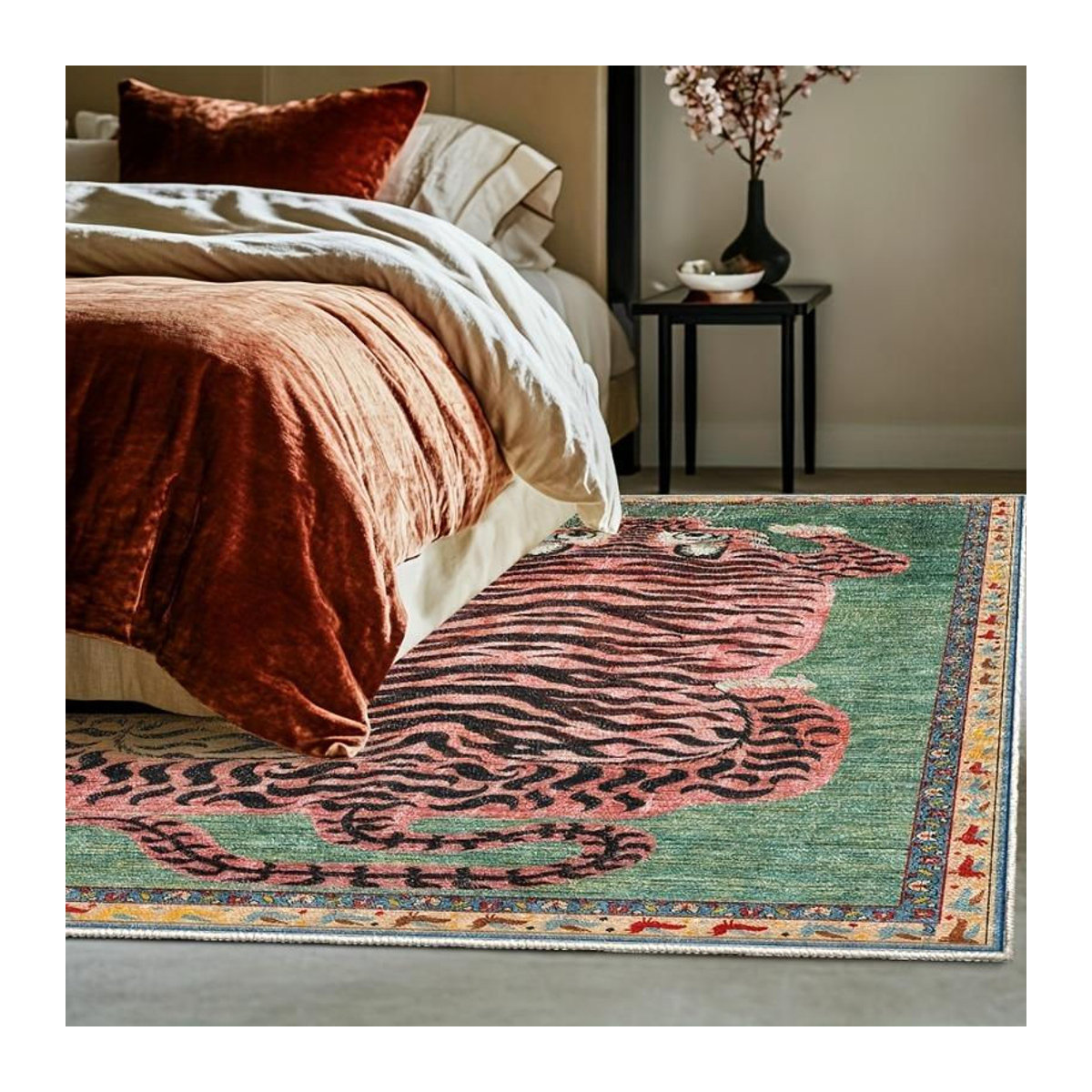 Waschbarer Teppichboden mit Tibetischem Tiger Motiv in Ethnischem Persischem Design, Mehrfarbig, B/T: 120 x 160 cm - Bild 3