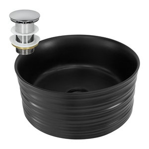 Waschbecken aus Keramik in Schwarz mit Ablaufgarnitur in Silber von ML-Design ohne Überlauf Ø 41 cm, Höhe: 18 cm