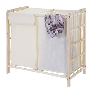 Wäschekorb MCW Wäschesammler aus Massivholz mit 2 Fächern in Hellbraun und Creme, Skandinavisch Design, B/T/H: 60 x 60 x 33 cm
