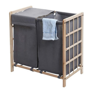 Wäschekorb MCW Wäschesammler aus Massivholz mit 2 Fächern in Skandinavischem Design, Farbe Braun und Grau, B/T/H: 60 x 60 x 33 cm