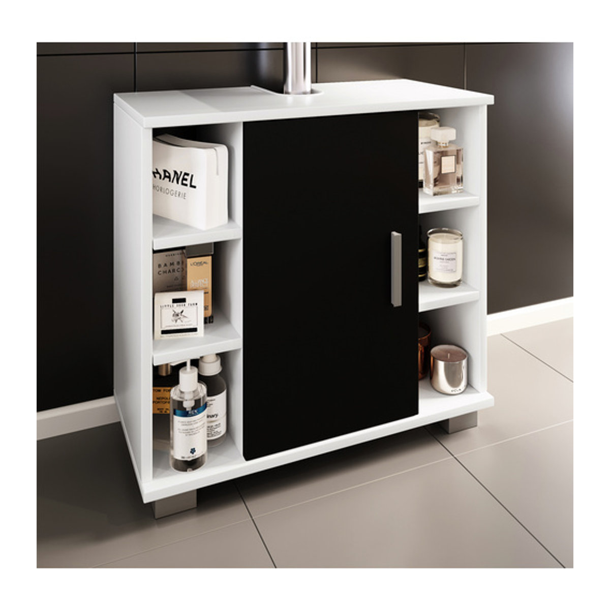 Waschtischunterschrank VCM Zalo in Schwarz/Weiß aus Holzwerkstoff mit Drehtüren, B/H/T: 60 x 58 x 30 cm - Bild 2