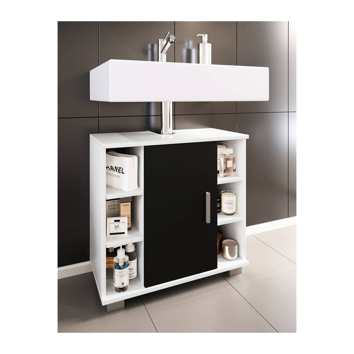 Waschtischunterschrank VCM Zalo in Schwarz/Weiß aus Holzwerkstoff mit Drehtüren, B/H/T: 60 x 58 x 30 cm - Bild 3