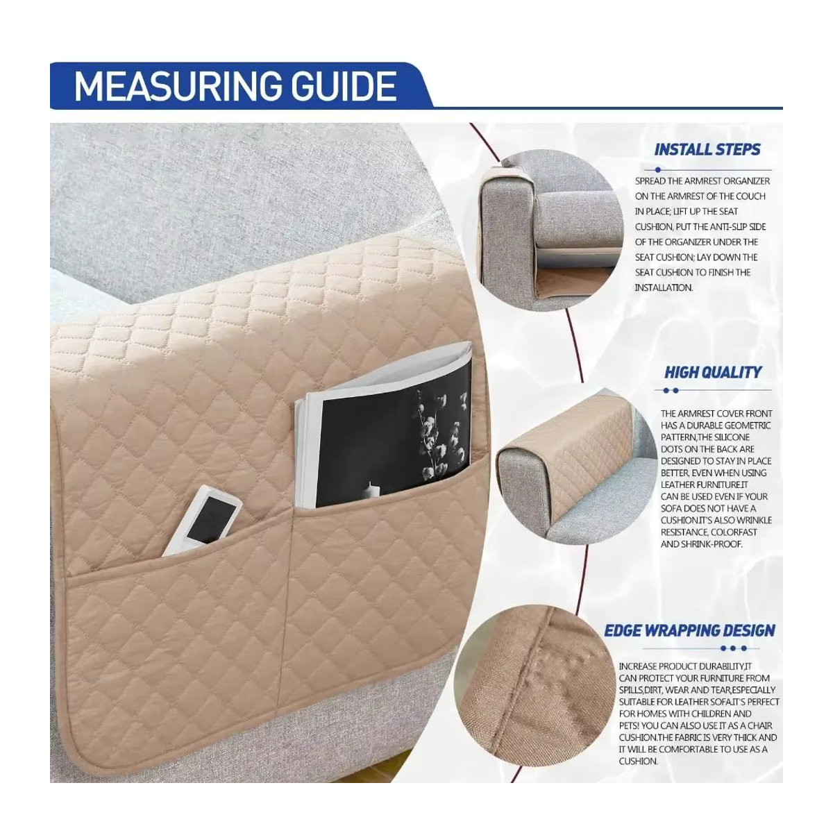 Wasserabweisende Sofa Armlehnen Abdeckung mit Taschen in Beige zum Schutz deiner Couch oder deines Sessels - Bild 4