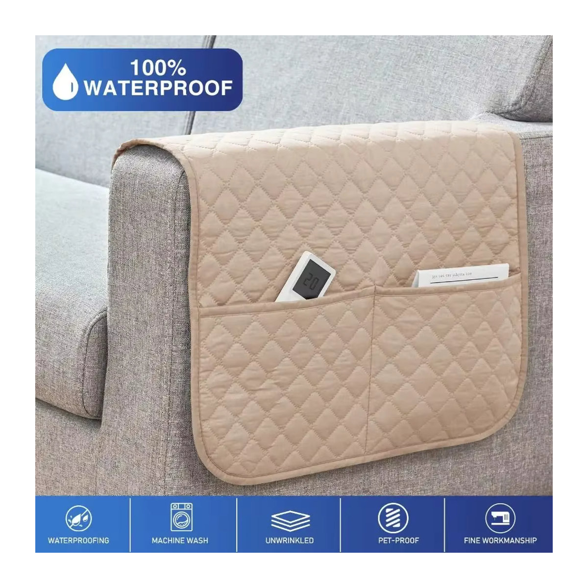 Wasserabweisende Sofa Armlehnen Abdeckung mit Taschen in Beige zum Schutz deiner Couch oder deines Sessels - Bild 5
