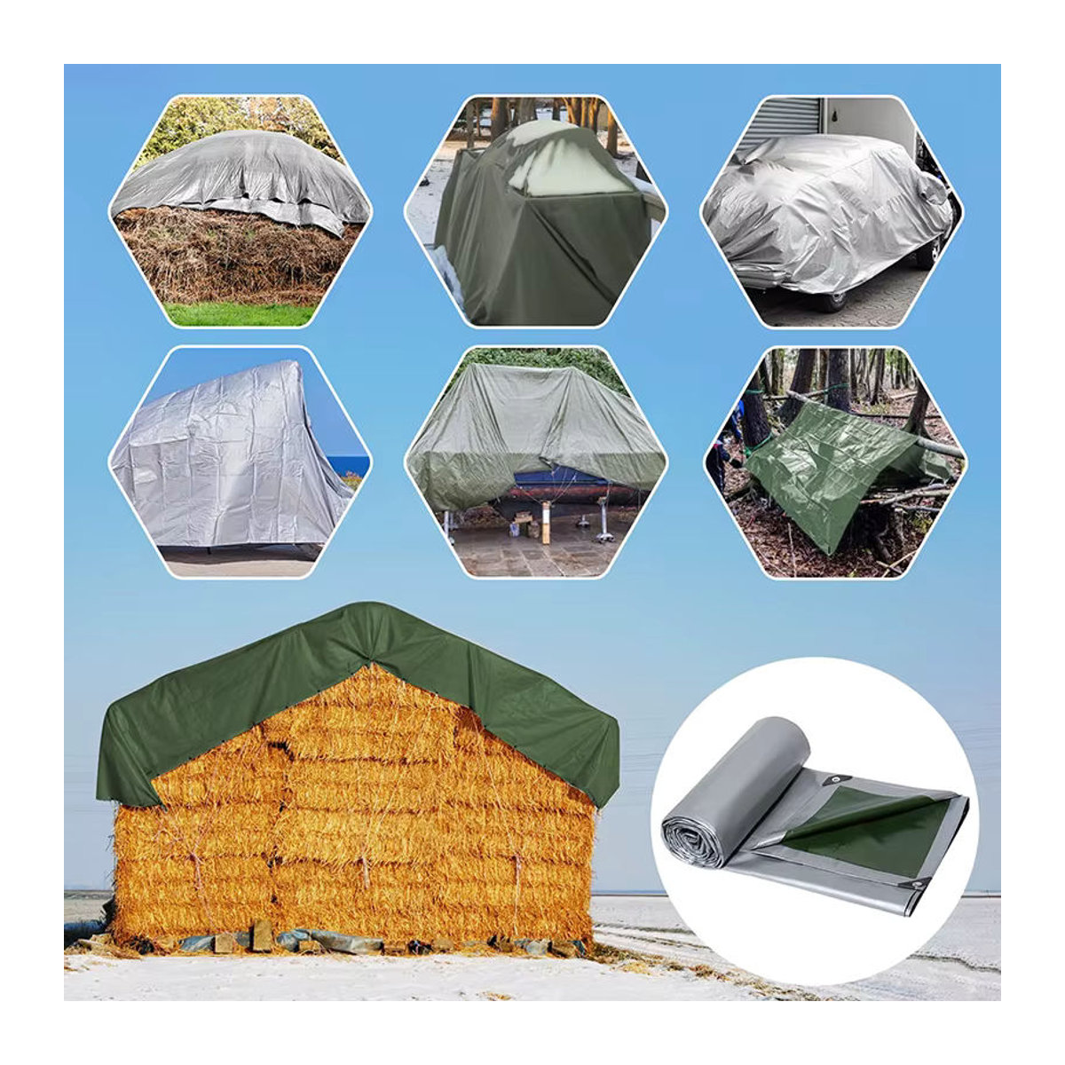Wasserdichte Gartenplane als UV-Schutz und Regenschutz für Camping und Auto in Grün und Silber - Bild 2