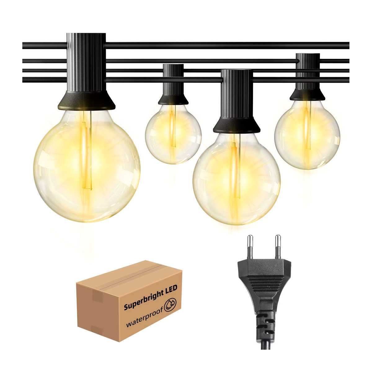 Wasserdichte LED-Lichterkette für Außen und Innen mit 50 Retro-Glühbirnen, 15 m Länge, Schwarz - Bild 3