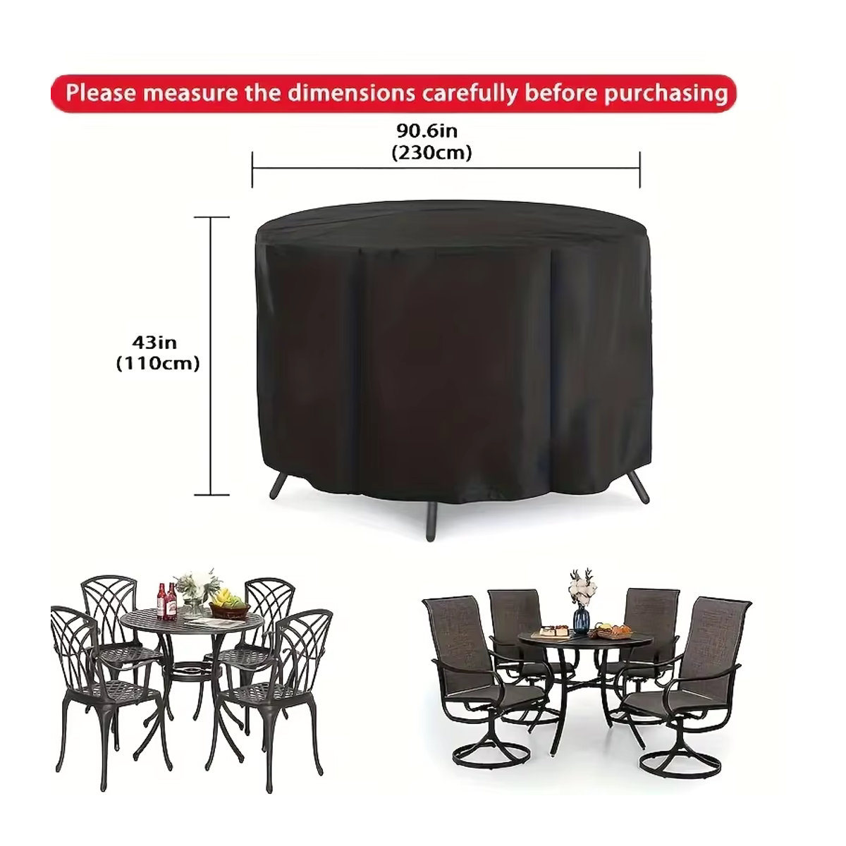 Wasserdichte Outdoor Gartenmöbel Abdeckung für runde Tisch und Stuhl Sets aus 210D Oxford Gewebe in Schwarz - Bild 3